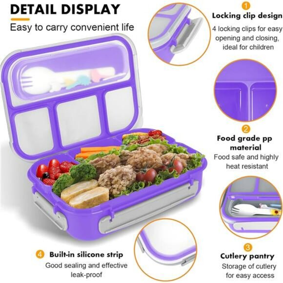 bento lunch box leakproof 4 compartment microwave safe food container for kids a - Picture 3 of 8